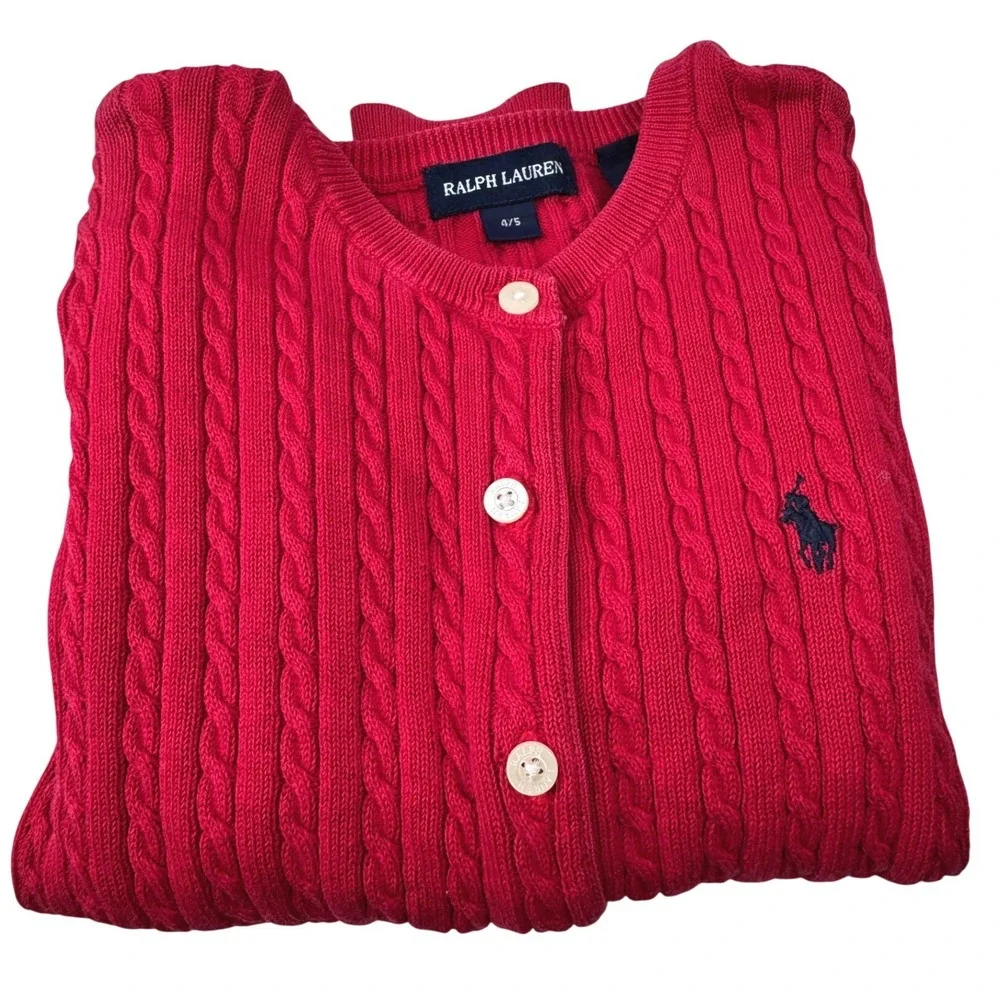 Ralph Lauren Cardigan Kids 4/5 Red Cable Knit Cotton Pony Sweater Preppy Classic